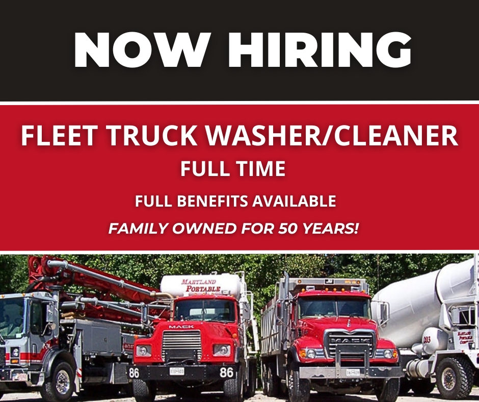 Maryland Portable Concrete now hiring Fleet Truck washer/cleaner